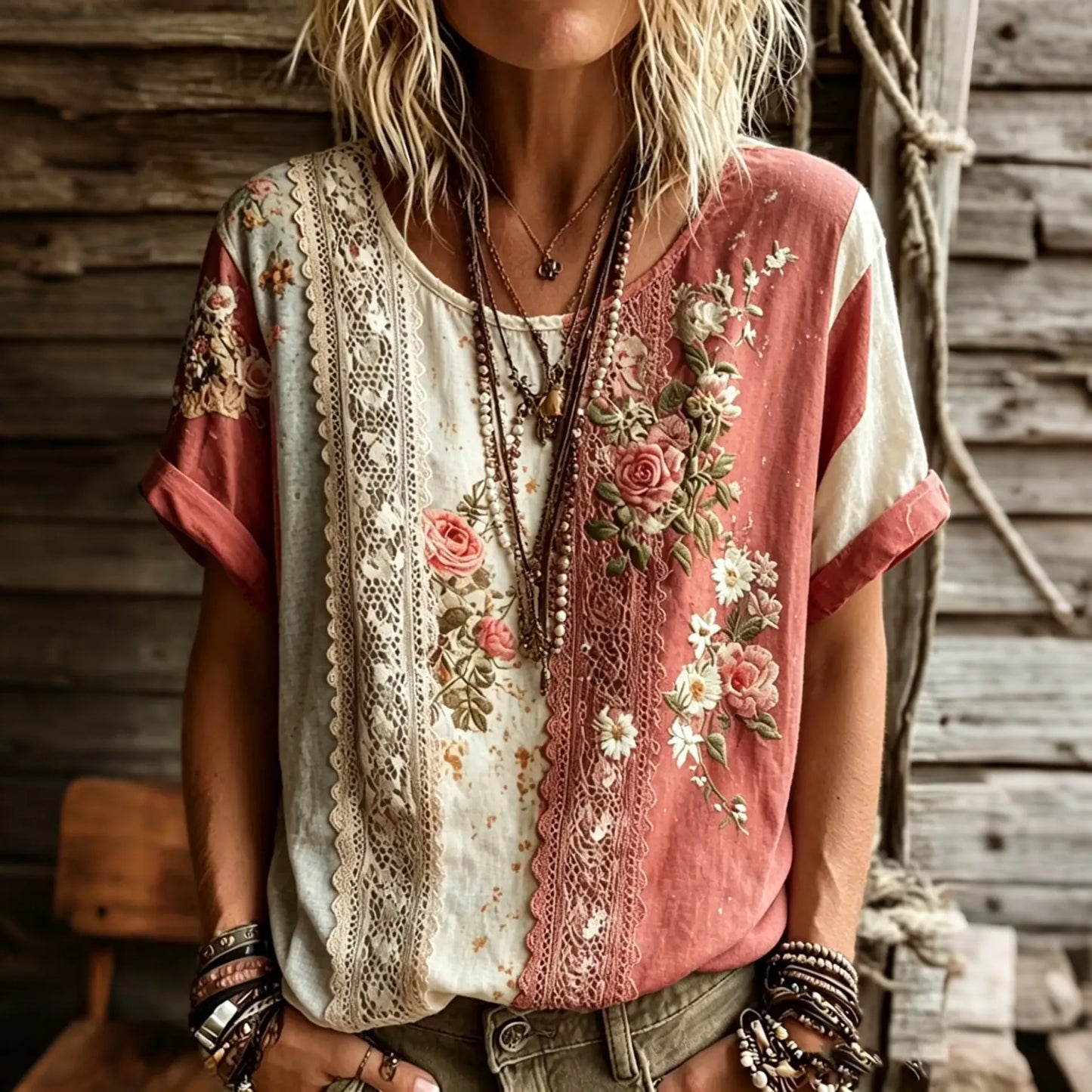 Cardydony Women's Floral Lace Patchwork Round Neck Short-sleeved Top