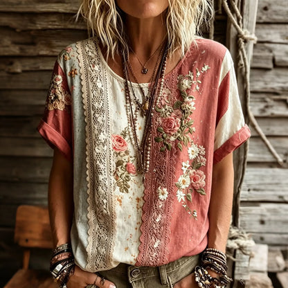 Cardydony Women's Floral Lace Patchwork Round Neck Short-sleeved Top