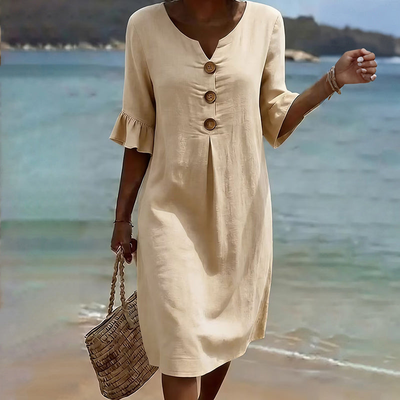 Cardydony Casual Solid-color Cotton V-neck Button Midi Dress