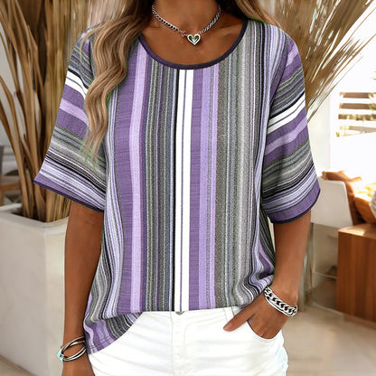 Cardydony Women's Retro Striped Print Short-sleeve T-shirt