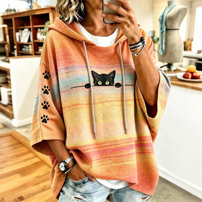 Cardydony Women's Cute Peeking Black Cat Rainbow Striped With Cat Paw Print Hooded Sweatshirt