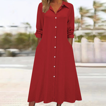 Cardydony Women's Retro Solid Color Collared Long-sleeved Pocket Shirt Dress
