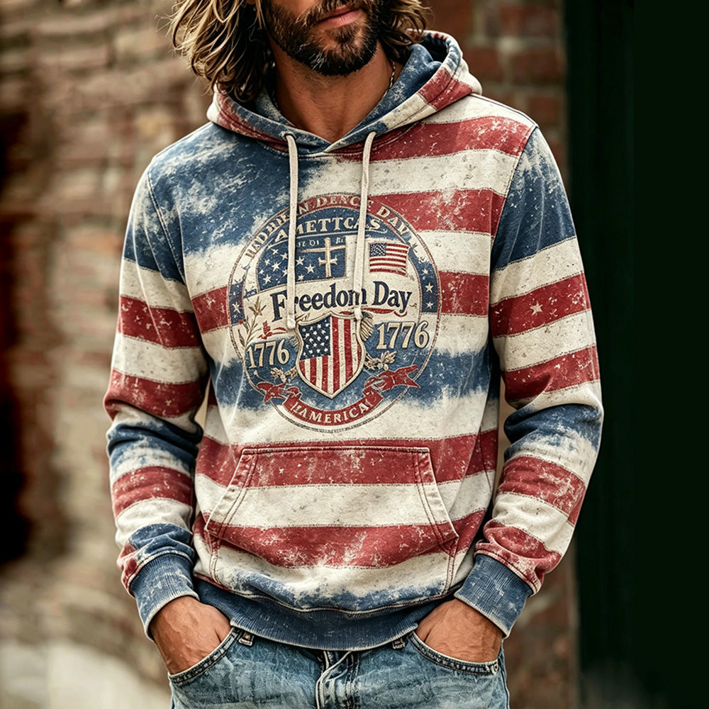 Cardydony Vintage Freedom Day Hoodie For Men - Distressed American Flag 1776 Graphic Sweatshirt