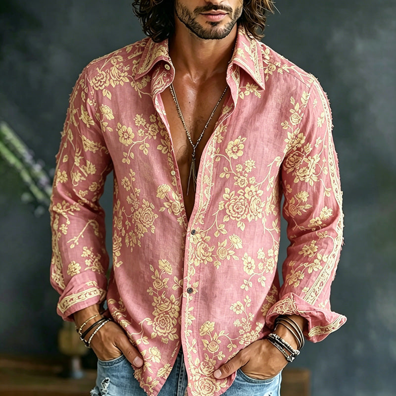 Cardydony Men's Spring Summer Colorful Floral Embroidered Art Print Flowy Linen Blend Shirt