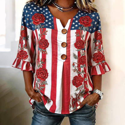 Cardydony Women's Casual American Flag Floral Design Short-sleeve T-shirt