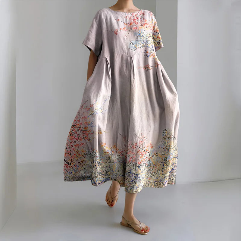 Cardydony Women's Japanese Cherry Blossoms Art Short Sleeve Midi Dress
