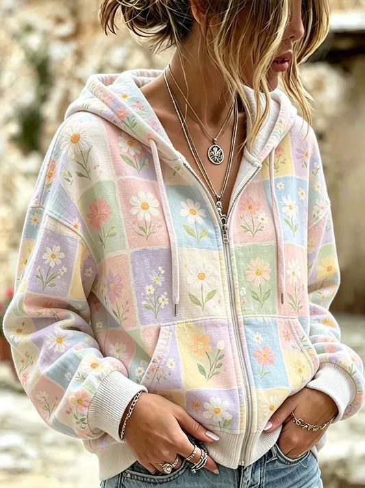 Cardydony Women's Vintage Colorful Floral Art Patchwork Casual Zip-up Hoodie