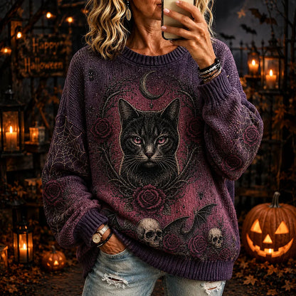 Cardydony Women's Goth Cat & Skull Graphic Knit Sweater - Dark Purple Floral Rose & Bat Pattern