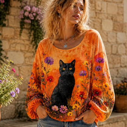 Cardydony Women's Crewneck Sweatshirt With Black Cat And Orange Sunset Floral Field Print