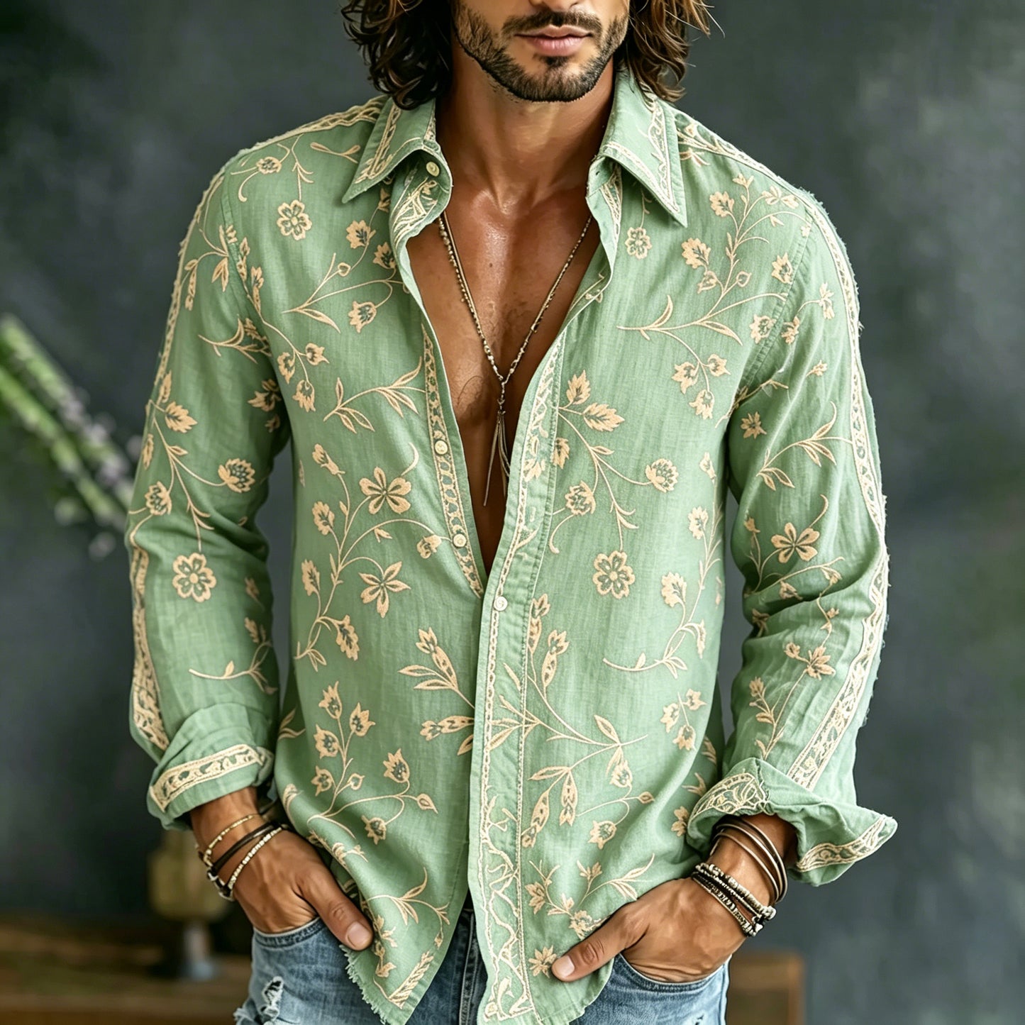 Cardydony Men's Vintage Spring Floral Embroidered Art Print Flowy Linen Blend Casual Shirt