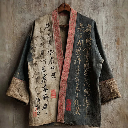 Cardydony Japanese Calligraphy Art Contrast Linen Kimono