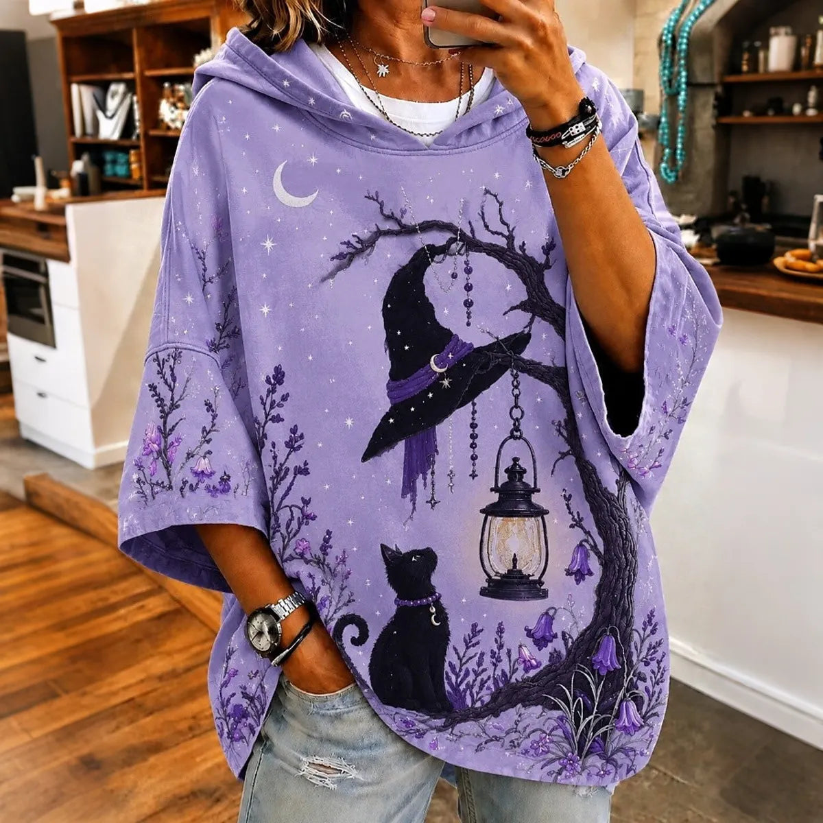 Cardydony Women's Retro Halloween Cat Witch Hat With Branch Print Loose Top
