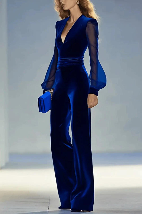 Cardydony Women's Solid Color Velvet V-neck Long-sleeved Elegant Fitted Jumpsuit