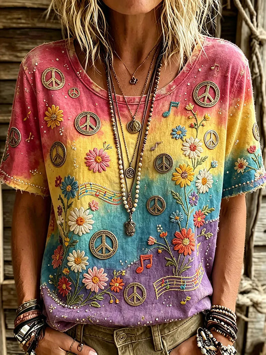 Cardydony Women's Retro Hippie Peace Logo Floral Art Embroidery Casual Cotton Linen T-shirt