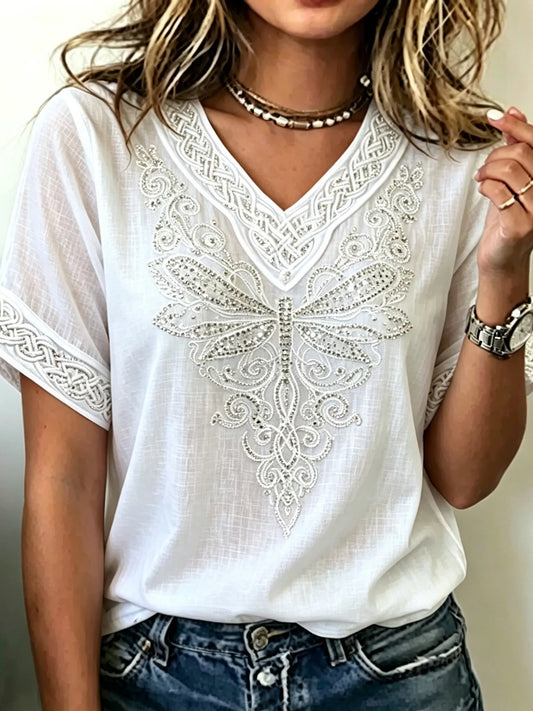 Cardydony Women's Retro Bohemian Viking Style Dragonfly Sequin Print T-shirt