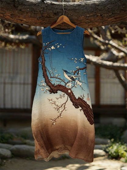Cardydony Birds Almond Blossom Japanese Art Gradient Linen Tank Dress