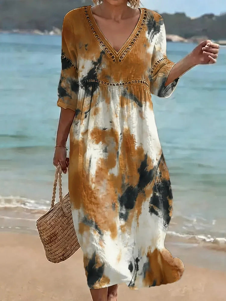 Cardydony Women's Watercolor Art Linen Blend Loose Three-quarter Sleeve V Neck Dress