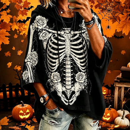 Cardydony Women's Halloween Gothic Skull Floral Pattern Print Casual Hoodie
