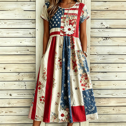 Cardydony Women's Vintage Independence Day Flag Floral Print Casual Linen Blend Maxi Dress