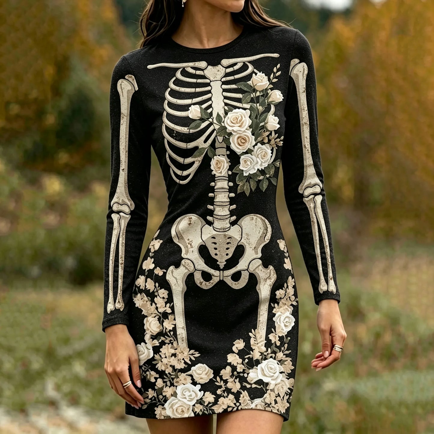 Cardydony Women's Gothic Skeleton With White Floral Art Print Bodycon Mini Dress