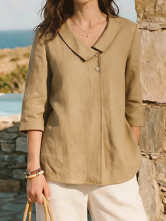 Cardydony Casual Linen Buttoned Irregular V-neck Shirt