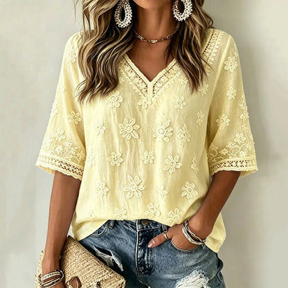 Cardydony Women's White Rose Art Embroidered Art Flowy Linen Blend Three Quarter Sleeves T-shirt