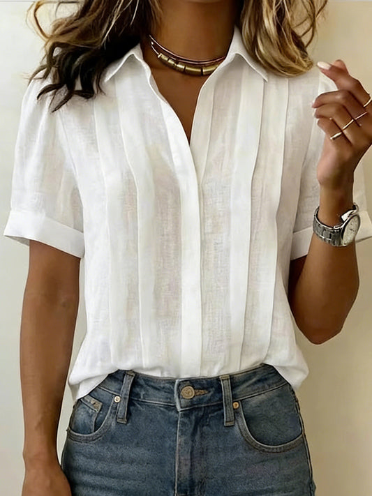 Cardydony Loose Lapel Short Sleeve Pleated Cotton Shirt