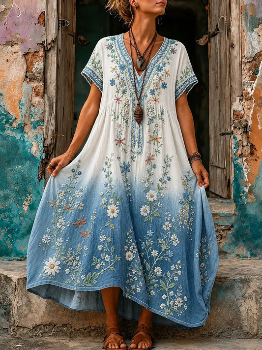 Cardydony Women's Retro Hippie Floral Pattern Art Embroidered Linen Blend Maxi Dress