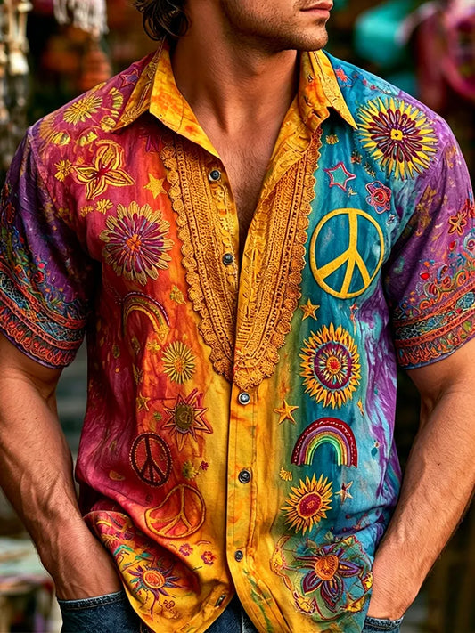 Cardydony Men's Hippie Peace Symbol And Floral Art Tie-dye Casual Loose Shirt