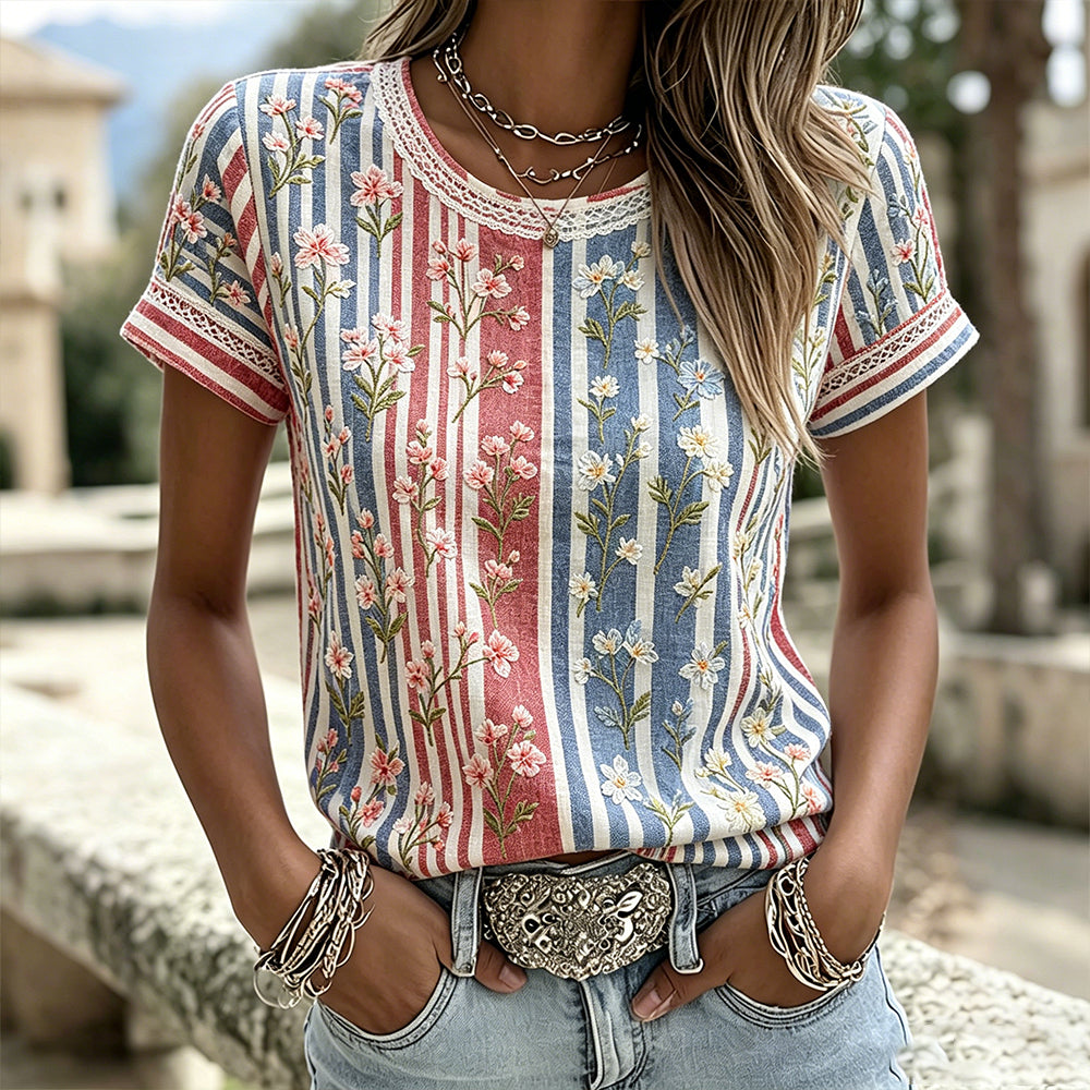 Cardydony Women's Retro Football Team Floral Embroidery Patchwork Casual Short Sleeve Crew Neck Top