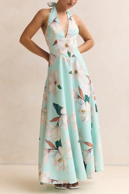 Cardydony Women's Floral Print V-neck Backless Tie-up Fitted Waist Elegant Maxi Dress