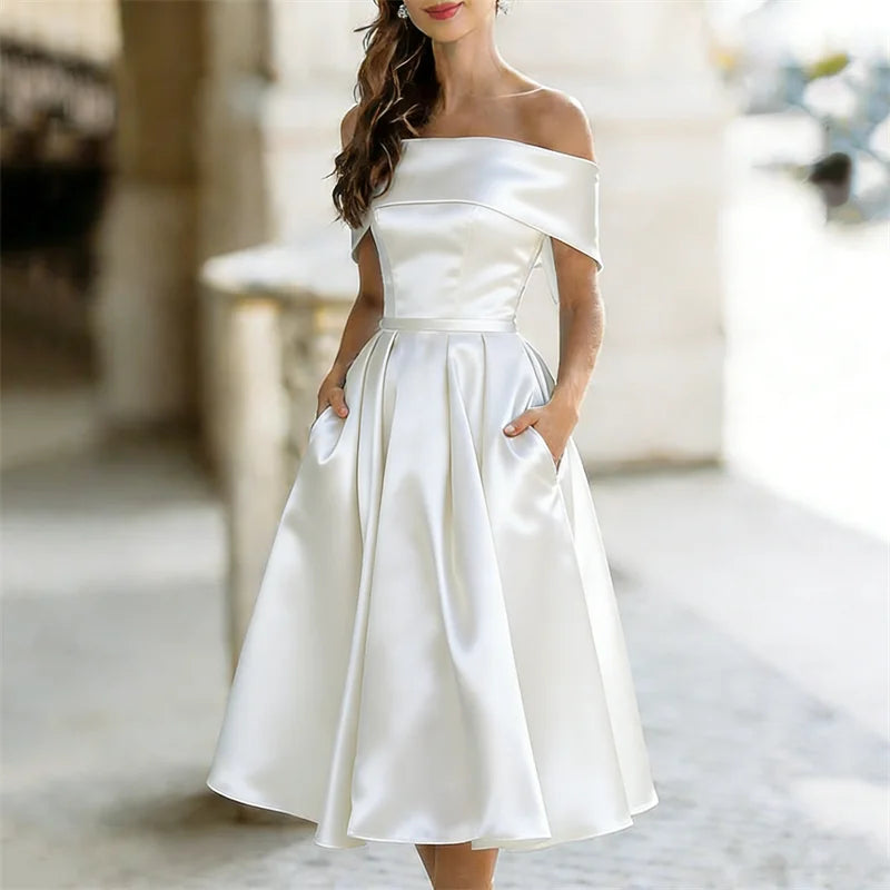 Cardydony Classy Off Shoulderwide Skirted Satin Maxi Dress