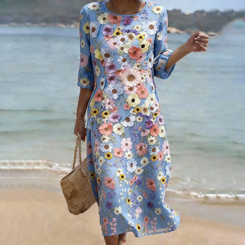 Cardydony Vintage Floral Art Pattern Linen Blend Loose Three-quarter Sleeve Dress