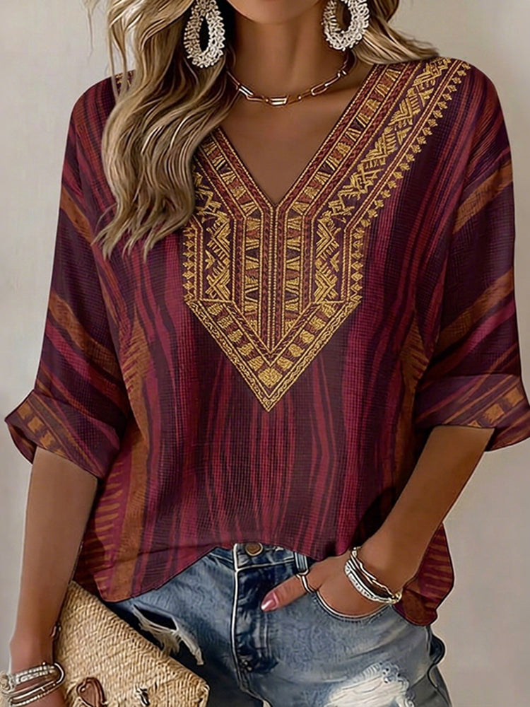 Cardydony Women's Retro Ethnic Striped Casual Long-sleeve T-shirt