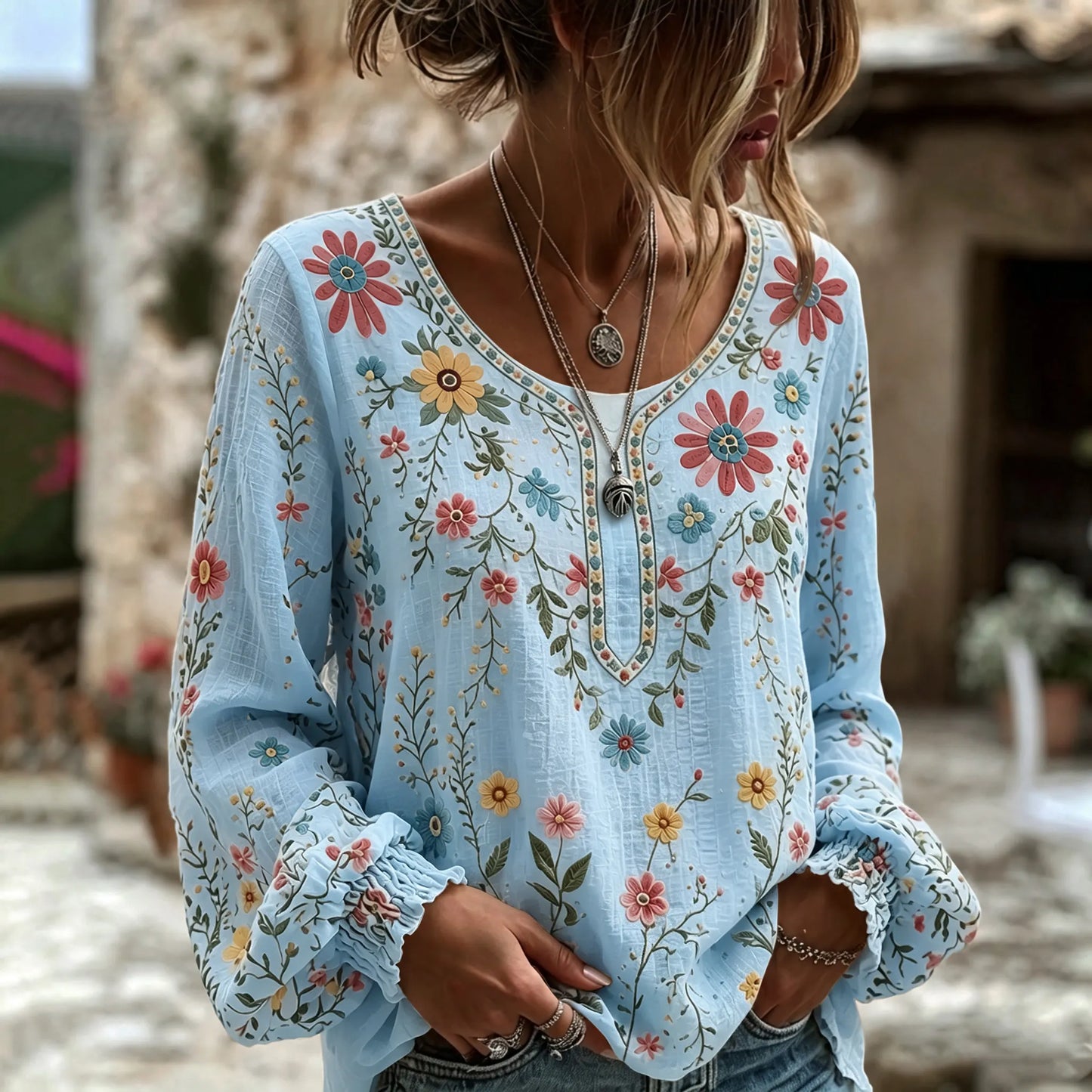 Cardydony Women's Vintage Floral Art Print Flowy Linen Blend Linen Blend Long Sleeve Casual Tops