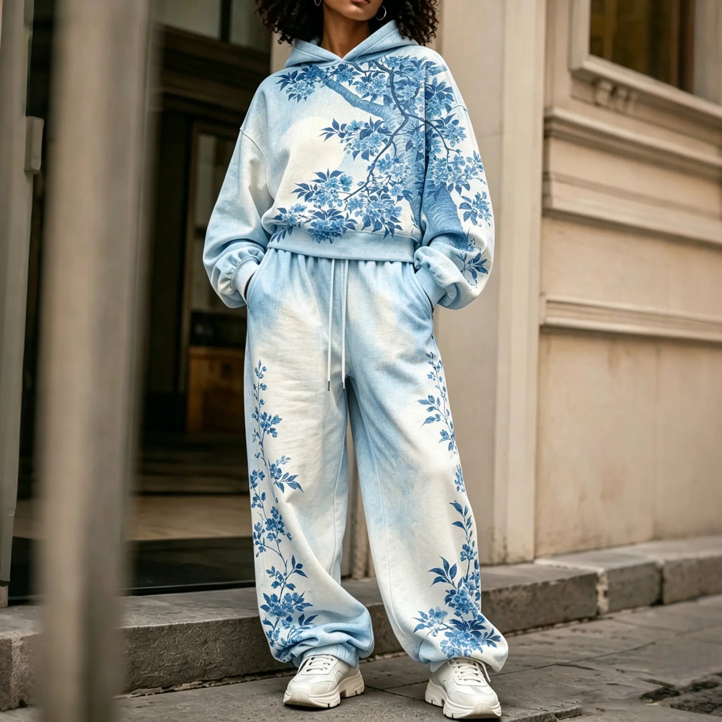 Cardydony Comstylish Women's Vintage Japanese Floral Art Print Hoodie Two Piece Set