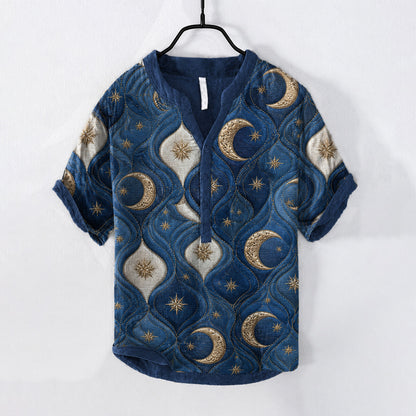 Cardydony Men's Japanese Art Sun, Moon And Star Print Cotton Linen Top