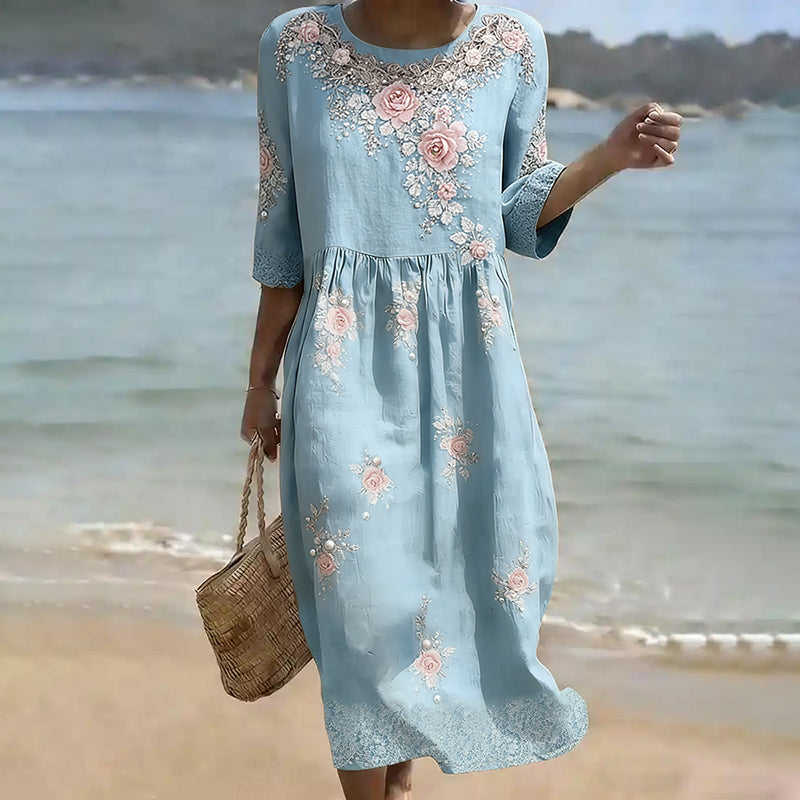 Cardydony Women's Vintage Pink Floral Art Linen Blend Loose Three-quarter Sleeve Dress