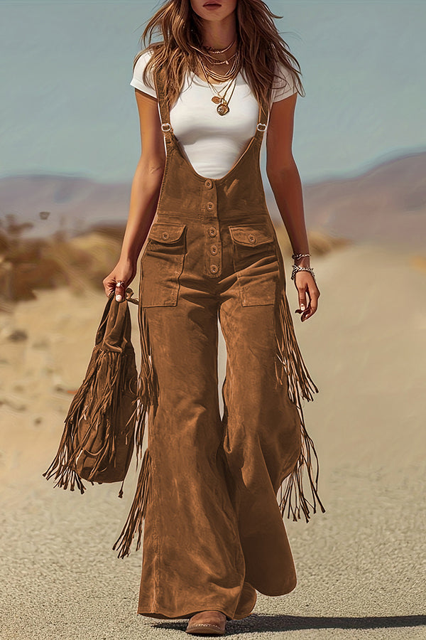 Cardydony Women's Stylish Suede Tassel Button Pocket Casual Wide-leg Overalls