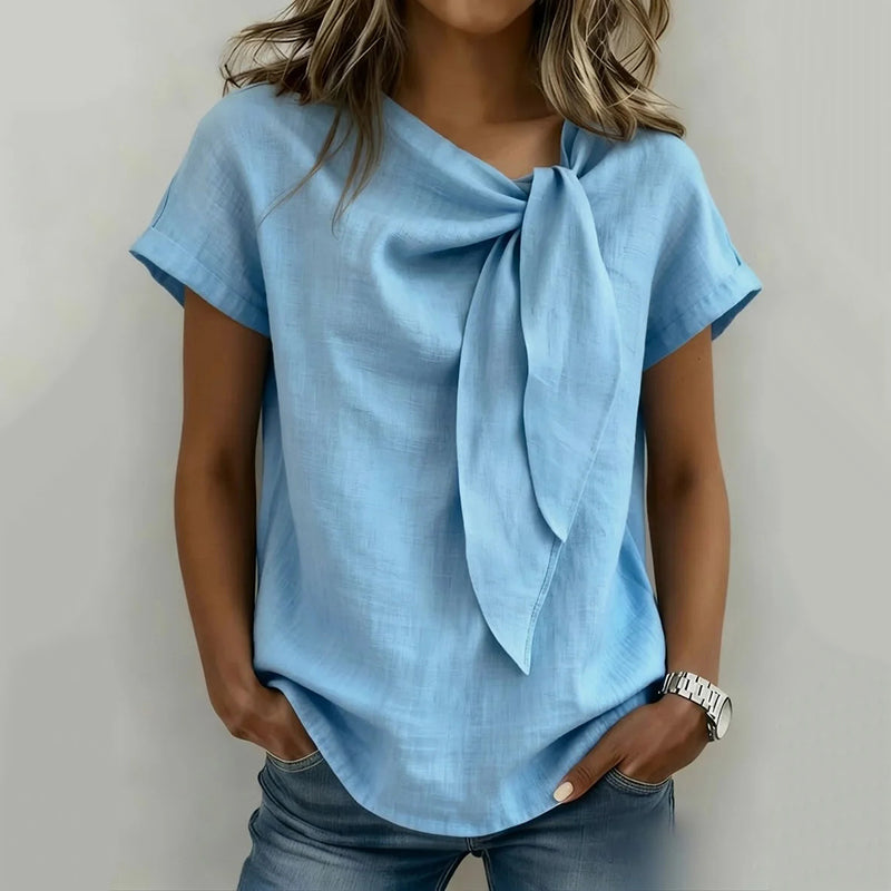 Cardydony Casual Short Sleeves Lace Up Linen T-shirt