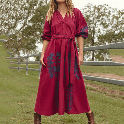 Cardydony Vintage Belted Embroidered Cotton Dress