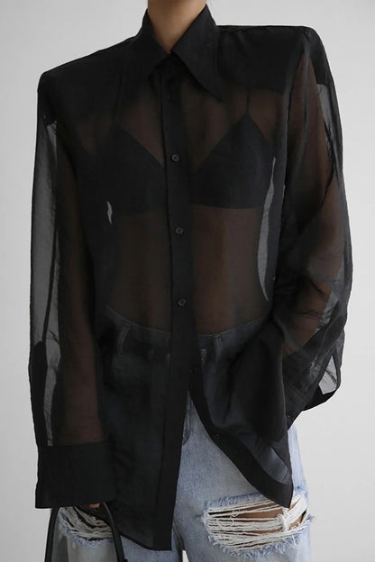 Cardydony Women's Retro Sheer Loose Long-sleeved Casual Shirt