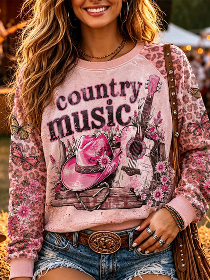 Cardydony Women's Vintage Country Music Queen Commemorative Pink Leopard Print Casual Raglan Sleeve Sweatshirt