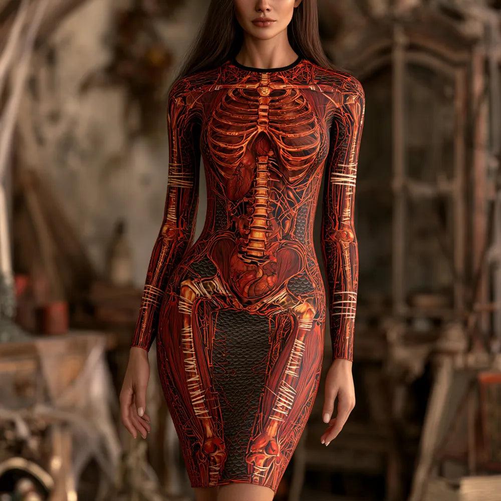 Cardydony Women's Halloween Skeleton And Bandage Art Slim Fit Long Sleeve Dress