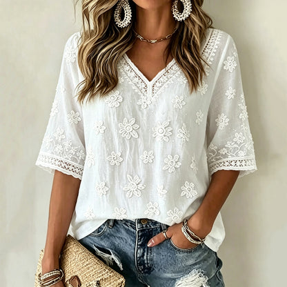 Cardydony Women's White Rose Art Embroidered Art Flowy Linen Blend Three Quarter Sleeves T-shirt