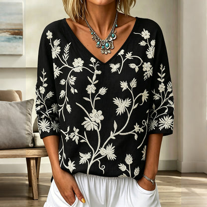 Cardydony Women's Vintage Floral Pattern Art Print Flowy Linen Blend Three-quarter Sleeve V Neck Linen Tops