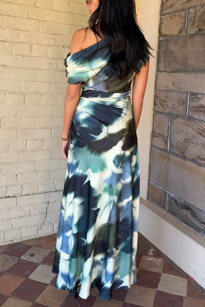 Cardydony Women's Unique Print Asymmetrical Off-Shoulder Pleated Waist Casual Maxi Dress