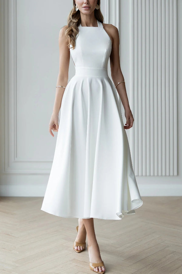 Cardydony Women's Solid Color Halter Neck Bow Tie Elegant Waist-cinching Midi Dress