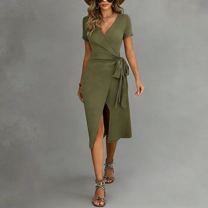 Cardydony Women's V-neck Design Sense Belt Slim Side Slit Knitted Dress