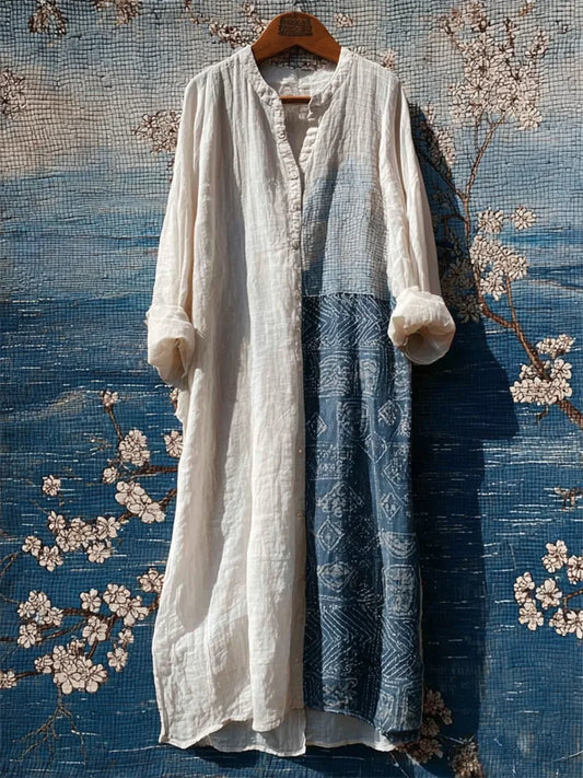 Cardydony Vintage Japanese Sashiko Patchwork Linen Maxi Shirt Dress
